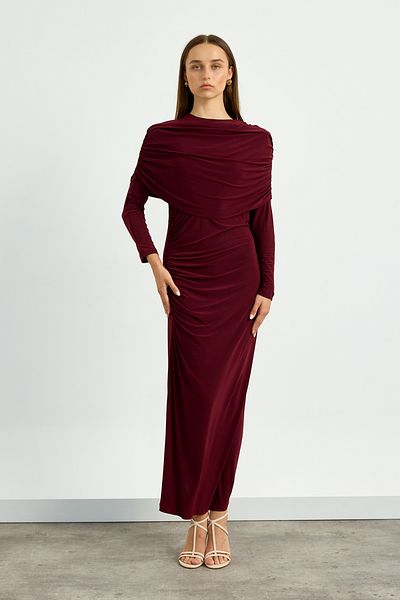 Birgül Bektaş Burgundy Shoulder Detailed Drape Dress