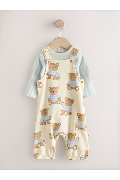Next Baby 100% Cotton Blue Teddy Bear Patterned Long Sleeve Salopet Bodysuit Set
