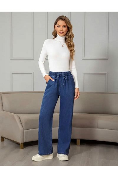 NEW LAVİVA Pantaloni de damă albastru cu talie elastică și șireturi Palazzo Denim