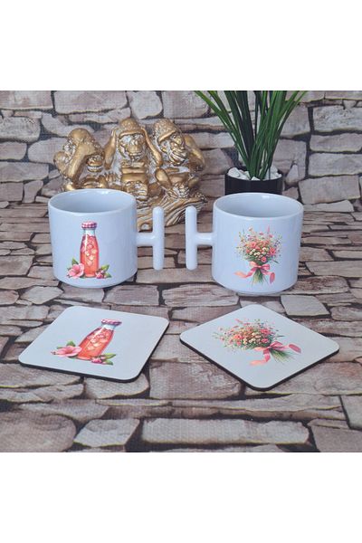 giftkonsept Set of 4 Wooden Coasters with Flower and Cocktail Printed Latte Cup t Mug Cup with Handle