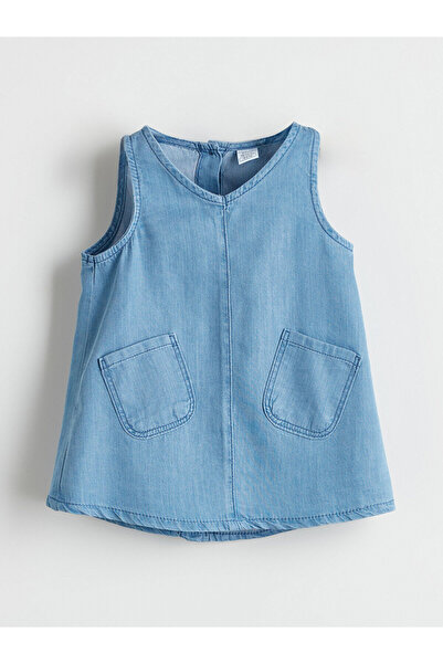 LC Waikiki Nevavm V-Neck Baby Girl Jean Dress with Difference