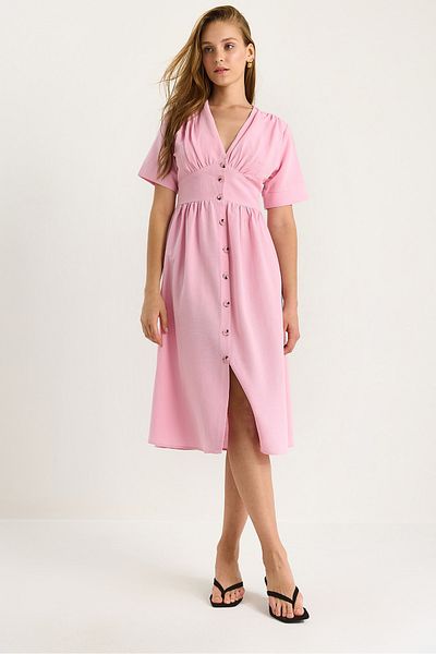 Bianco Lucci Women's V Neck Waist Detail Button Short Sleeve Viscose Linen Dress 5260 60281100