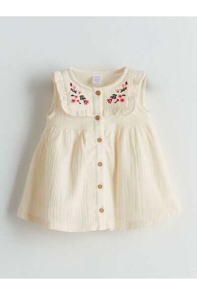 LC Waikiki LCW baby EKRU Çiçek Nakışlı Müslin Kız Bebek Elbise