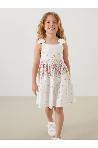 LC Waikiki Φόρεμα για κορίτσια με λουλουδάτο σατέν με τετράγωνο γιακάS5GH10Z1