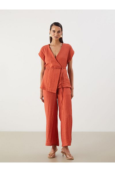 LC Waikiki Orange Double Breasted Collar Textured Blouse