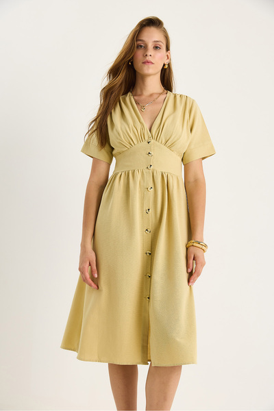 Bianco Lucci Kadın V Yaka Bel Detaylı Düğmeli Kısa Kollu Viskon Keten Elbise 5260 60281100