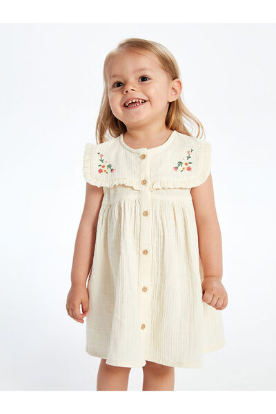 LC Waikiki LCW baby EKRU Çiçek Nakışlı Müslin Kız Bebek Elbise