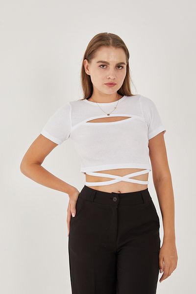 Wearflawless Women's Short Sleeve Chest Low-Cut Detailed Cross Tie Cotton Ribbed Blouse Crop Top