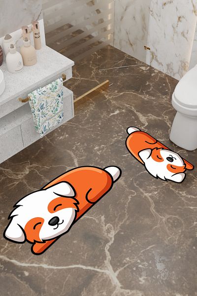 Charmbi Tatlış Dog Patterned Eco Bath Mat, Non-Slip Base, Machine Washable, Digital Printing Set of 2