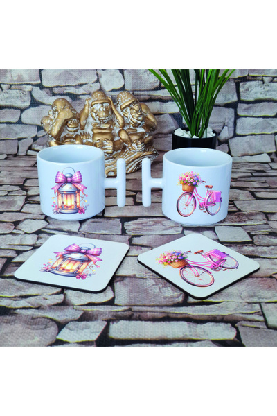 giftkonsept مجموعة من 4 أكواب خشبية مطبوعة على شكل دراجة وفانوس مع كوب لاتيه ...