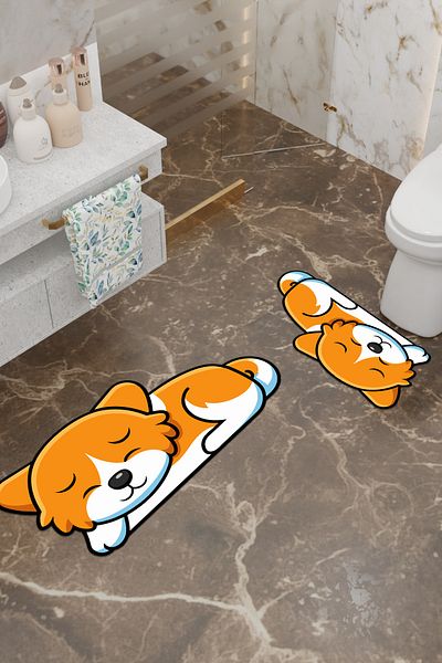 Charmbi Tatlış Dog Patterned Eco Bath Mat, Non-Slip Base, Machine Washable, Digital Printing Set of 2