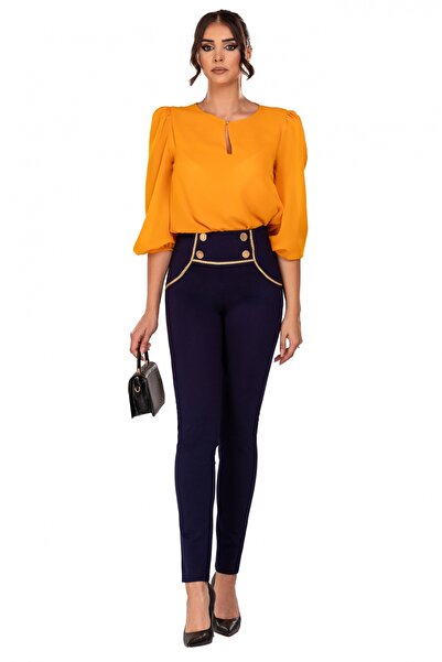 Atmosphere Fashion Pantaloni bleumarin cu pliuri și nasturi aurii