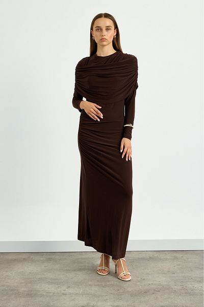 Birgül Bektaş Brown Shoulder Detailed Drape Dress