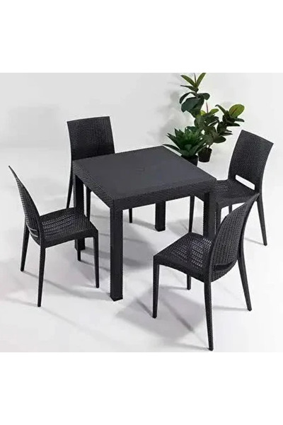 ZİYNET HOME 90x90 cm Rattan 4 Kişilik Kare Masa seti Kolsuz Sandalye Bahçe Te...