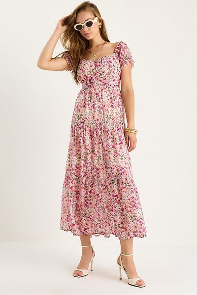 Bianco Lucci Women's Floral Patterned Waist Detailed Lined Viscose Dress 5257 60281101
