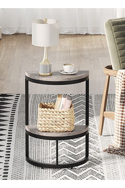 sharpdo 2-Tier End Table Semi Circle, Small Half Round Side Table with Storage Shelf