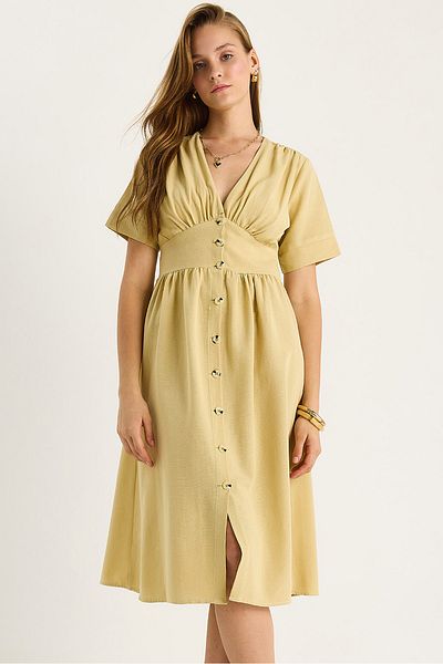 Bianco Lucci Women's V Neck Waist Detail Button Short Sleeve Viscose Linen Dress 5260 60281100