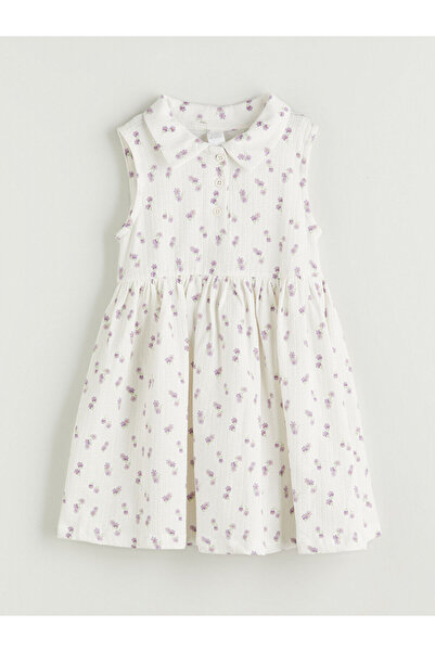LC Waikiki LCW Kids Ecru Crew Neck Λουλούδια Κοριτσίστικο Φόρεμα