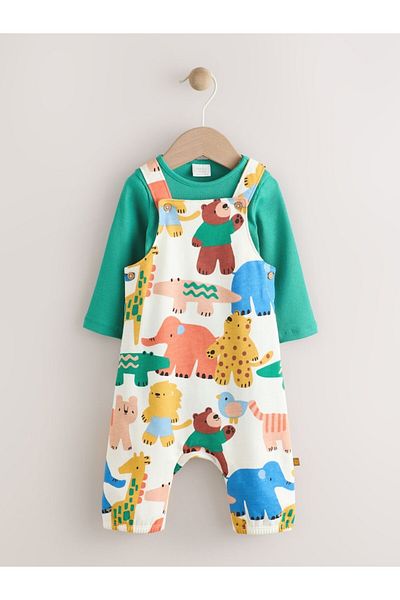 Next Baby 100% Cotton Green Animal Patterned Long Sleeve Salopet Bodysuit Set