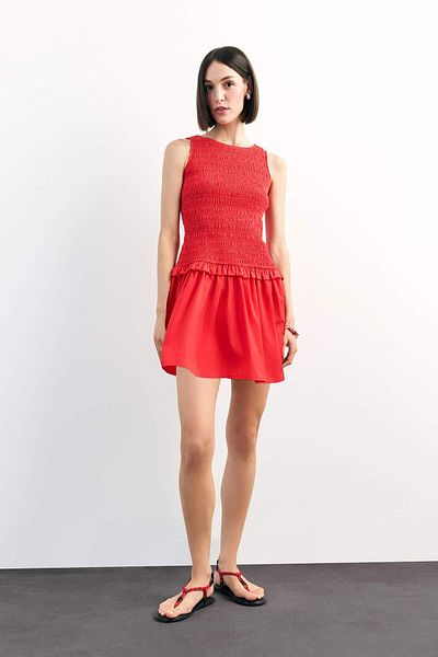 DeFacto Round Neck Gipeli Red Mini Dress F7542Ax25Sm