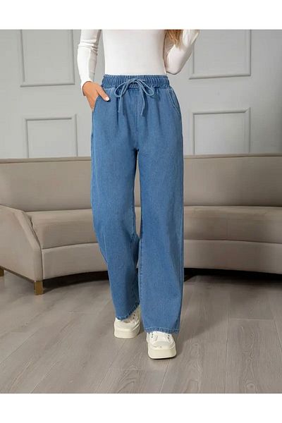 NEW LAVİVA Pantaloni de damă albastru cu talie elastică și șireturi Palazzo Denim