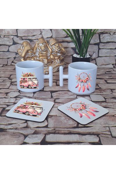 giftkonsept Bohemian Minibus Printed Set of 4 Wooden Coasters and Latte Cup t Mug Cup with Handle