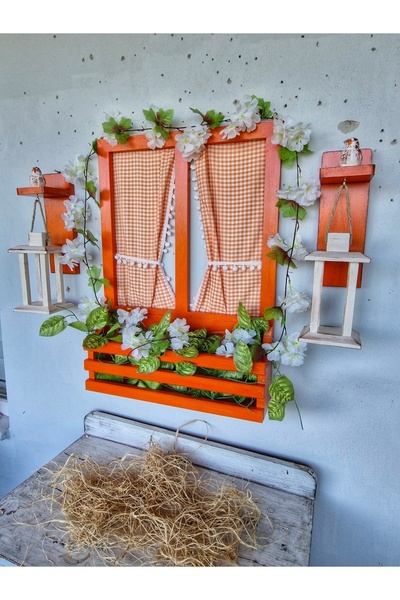 Home Turuncu balkon seti,ahşap pencere+perdesi ve fener set takım, çiçekler hariçtir,duvar dekoru