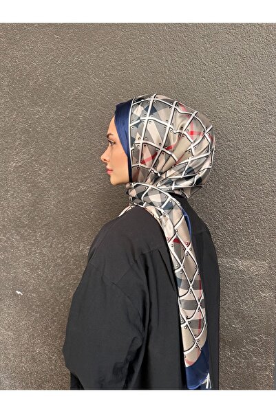 PİRAMİT فول شال حريري منقوش باللون الأزرق الداكن