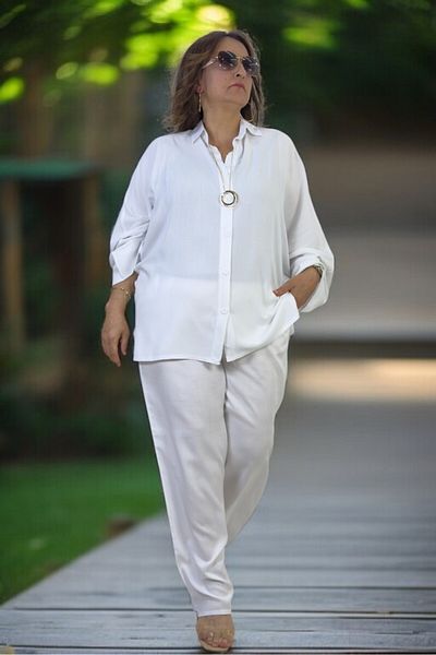 yagmurberen Cămașă cu mâneci liliac din țesătură de vară din bumbac elastic, pantaloni cu buzunare cu talie elastică, costum dublu de mărime mare