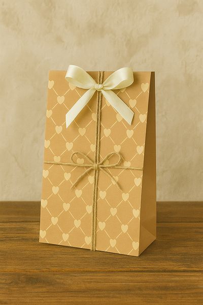 HDF PAZARLAMA Small Heart Patterned 50 Pieces 18*8*24 Handleless Kraft Presentation Paper Bag (Wedding, Engagement, Kina Etc)