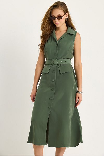 Bianco Lucci Women's Jacket Collar Detailed Belted Summer Shirt Dress 5252 60281103