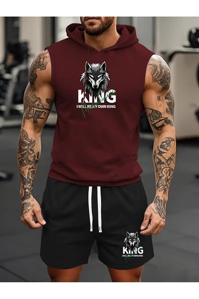 ACTIVE MODA طقم شورت رياضي للرجال مكون من قطعتين مطبوع عليه I WILL BEMY OWN KING