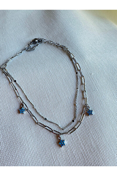 bijuxbymrv Double Row Blue Stone Tiny Flower Charm Anklet