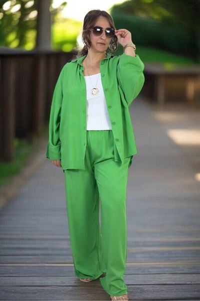 yagmurberen Flexible Cotton Summer Fabric Bat-Sleeve Shirt with Elastic Waist Pocket Trousers Large Size Double Set