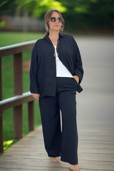 yagmurberen Flexible Cotton Summer Fabric Bat-Sleeve Shirt with Elastic Waist Pocket Trousers Large Size Double Set