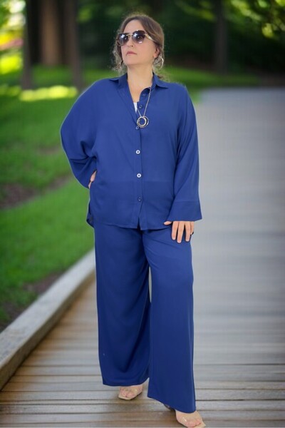 yagmurberen Flexible Cotton Summer Fabric Bat-Sleeve Shirt with Elastic Waist Pocket Trousers Large Size Double Set