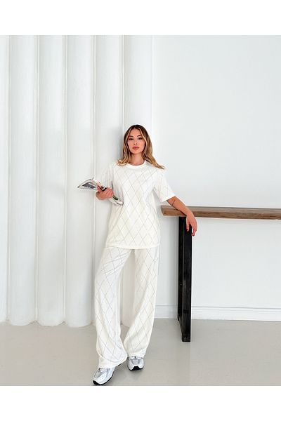 badibadii Women's Casual Diamond Blouse Elastic Waist Trousers Modal Suit 3089 60283231