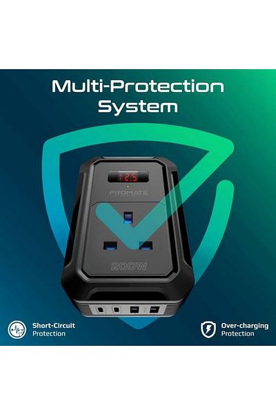Promate 200W DC to AC Multi-Port Power Adapter with 2 USB-C and 2 USB-A Ports