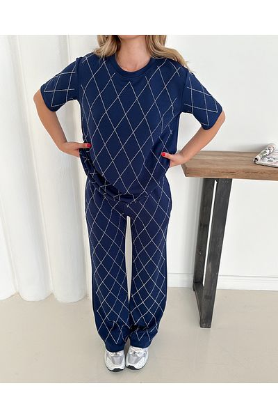 badibadii Women's Casual Diamond Blouse Elastic Waist Trousers Modal Suit 3089 60283231