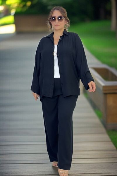 yagmurberen Flexible Cotton Summer Fabric Bat-Sleeve Shirt with Elastic Waist Pocket Trousers Large Size Double Set