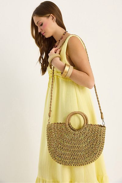 Bianco Lucci Women's Round Handle Large Strap Half Moon Straw Bag 60801021