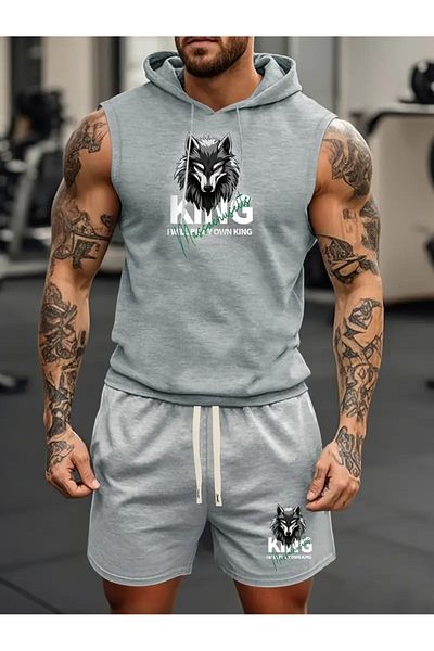 ACTIVE MODA Men's Gym Sports Singlet-Shorts 2-Pack Set Printed I Will Bemy Own King