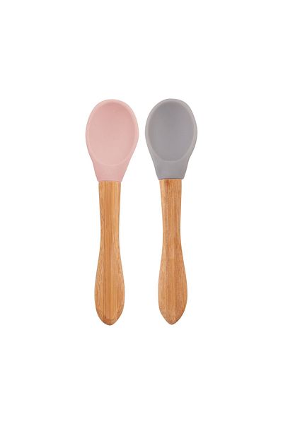 MBB ETİCARET Oioi Bamboo Handle Silicone Food Spoon Set of 2 Pinky Pink / Powder Gray