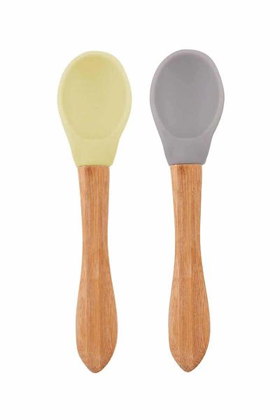MBB ETİCARET Bamboo Handle Silicone Food Spoon 2 Pack Mellow Yellow / Powder Gray
