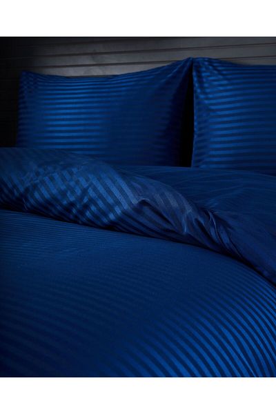 sarra 200-220 SET DE HUSĂ DE PĂTĂ SATINĂ CU DUNGĂ PENTRU CUPLURI - ALBASTRU INDIGO