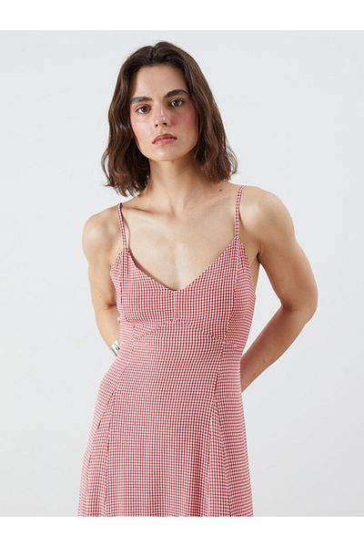 LC Waikiki Red V-Neck Plaid Flounce Dress