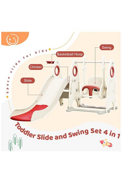 FULLJOY 4 in 1 Rocket Slide with Swing, Basketball Hoop and Climber for Kids, FJY-172