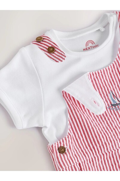 Next Baby %100 Pamuklu Kımrızı Tekne Desenli Kısa Kollu Salopet Body Zıbın Set