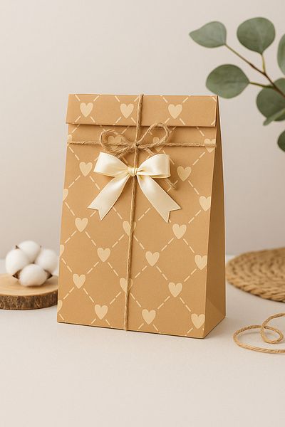 HDF PAZARLAMA Small Heart Patterned 50 Pieces 18*8*24 Handleless Kraft Presentation Paper Bag (Wedding, Engagement, Kina Etc)