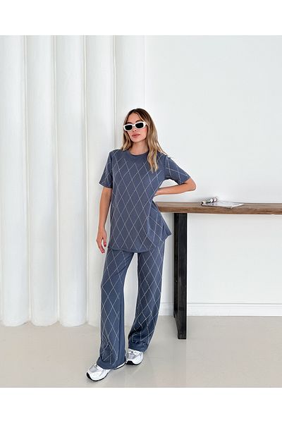 badibadii Women's Casual Diamond Blouse Elastic Waist Trousers Modal Suit 3089 60283231